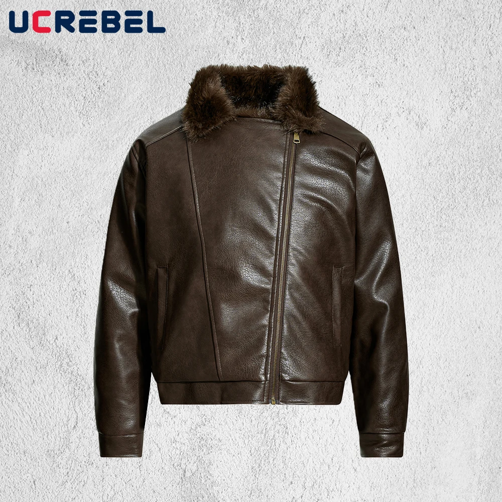 

Retro Fur Collar PU Leather Quilted Jacket Mens Winter Thick High Street Lapel Long Sleeve Motorcycle Jacket Man