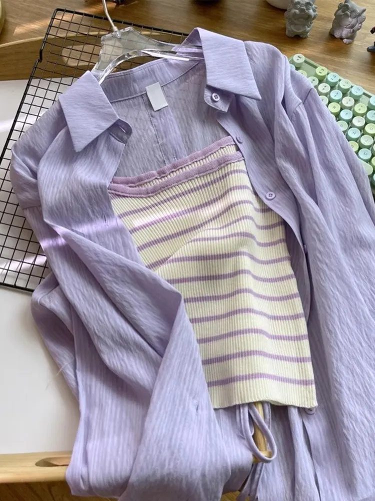 Conjunto de Verano de Punto de Manga Corta para Mujer, Camiseta Interior, Top Reductor, Camisa Base, Diseño a Rayas de Moda, Atuendo Casual