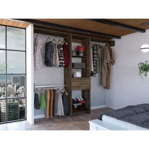 Closet system, wardrobe, clothing storage rack, five open shelves, one drawer, three metal rods