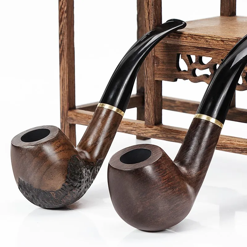 New 9MM Filter Solid Wood Dry Pipe Smoking Craft Brown Ebony Smooth Engraved Handmade Tobacco Pipe