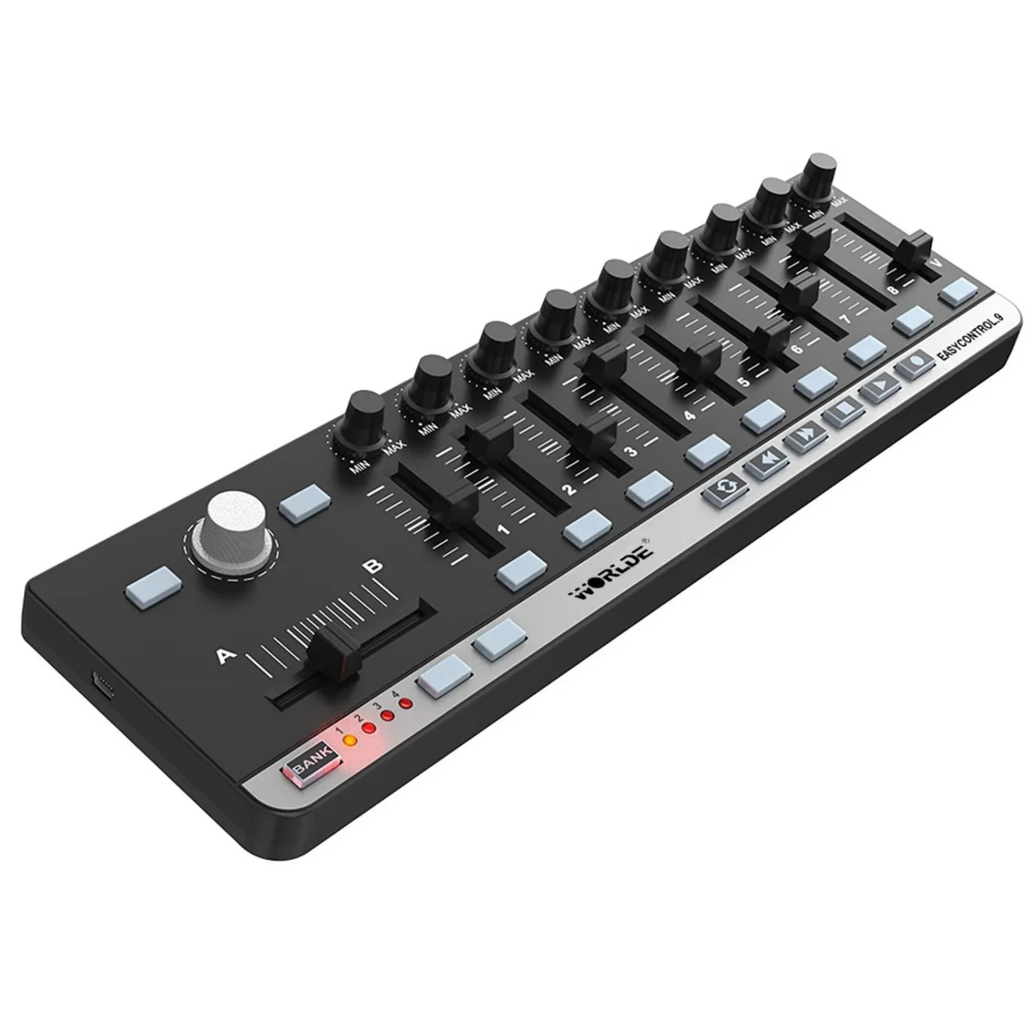 

Контроллер MIDI Worlde EasyControl.9 – 9 программируемых ручек/слайдеров/кнопок, 6 транспортных контроллеров, Plug & Play, не требует драйверов.