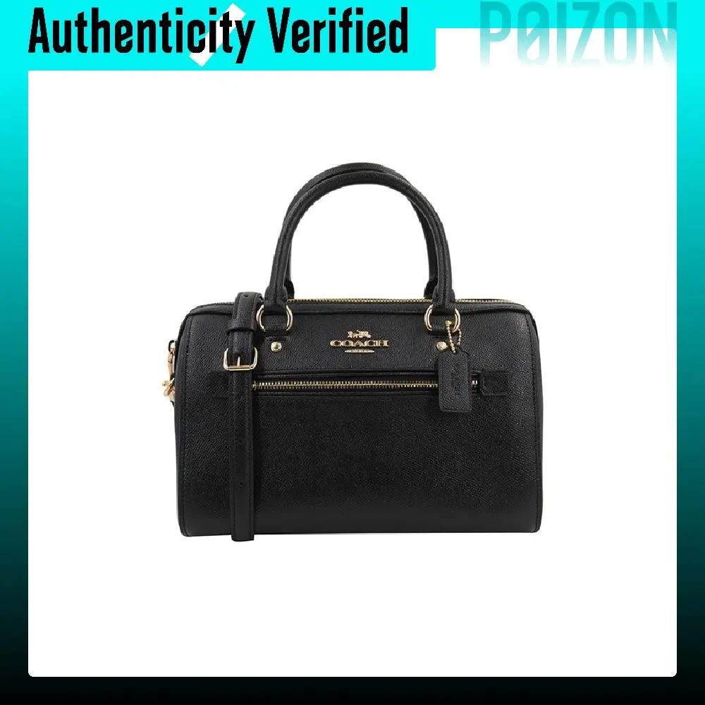 COACH Rowan Cross Grain Leather Boston Bag, One Shoulder Handbag, Crossbody Bag Large Women's Pure Black 79946-IMBLK