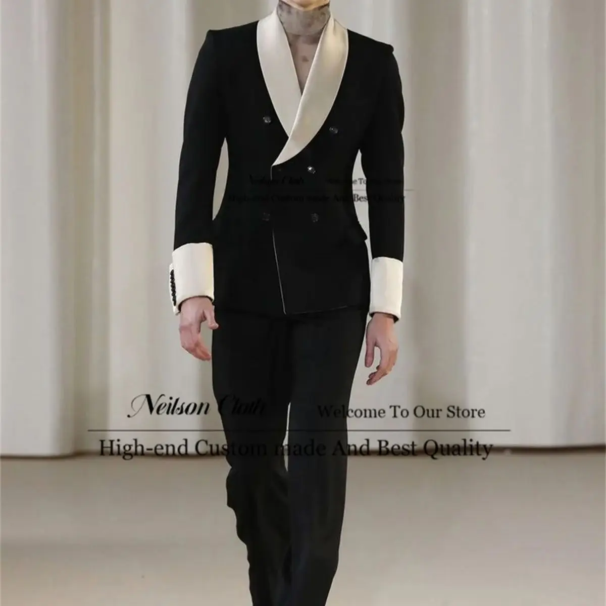

Fashion Black Double Breasted Male Prom Blazers 2 Pieces Sets Groom Wedding Tuxedos Slim Fit Beige Shawl Lapel Costume Homme