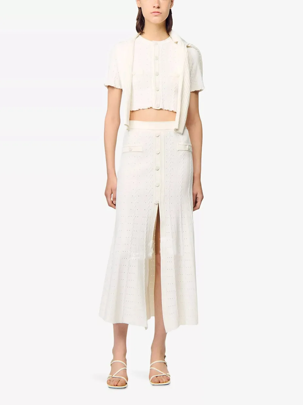 High-End Version European Style Women's Short Sleeve Knitted Open Cardigan Top Half-length Skirt Set Elegant Fashion Ensemble
