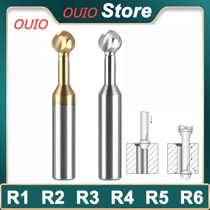 OUIO Tungsten Coated Lollipop Ball Cutter Alloy for Aluminum Arch Ball End Milling Cutter Forming Milling Cutter Ball  R1-R6mm