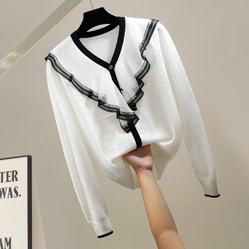 

Модный женский повседневный топ с цветными блоками, кружевным воротником и вязаными вставками, с длинными рукавами, в корейском стиле, с V-образным вырезом, из смесового хлопка