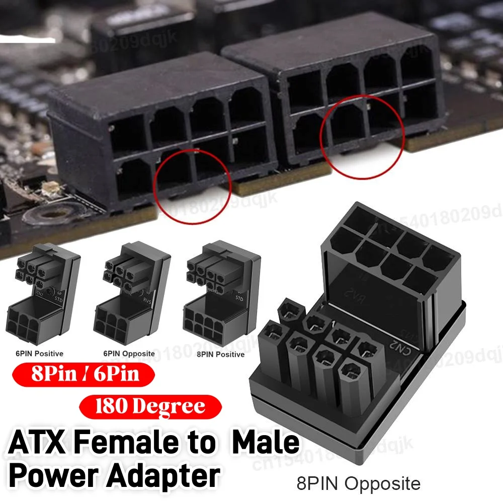 ATX VGA PCIe 6/8pin Female 180 Degree Angled to Male Power Adapter for Desktops Graphics Video Card GPU Power Steering Connector