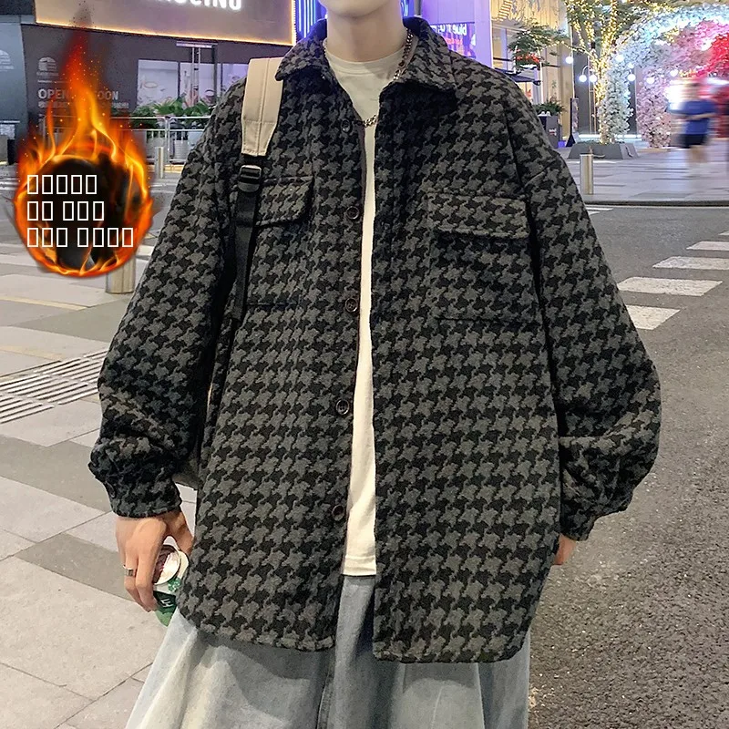 

Thiened Woolen Coat Men's Autumn Winter Faion Brand Casual Workwear Jaet with Plaid Pattern Long Sve Zipper Decoration