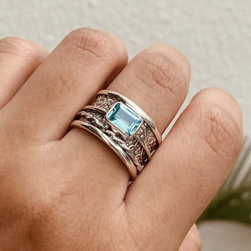 

European and American new fashion sea blue zircon inlaid retro personalized men's ring