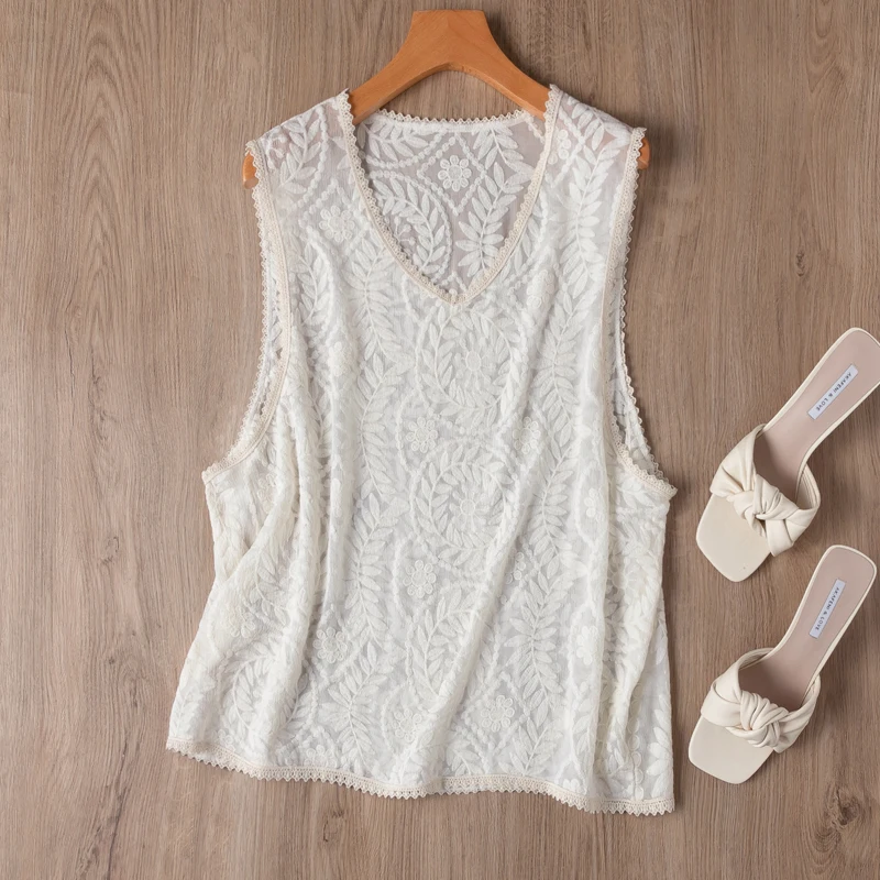 

Women Silk Tank Top 100% Mulberry Silk Embroidery Loose Type V Neck Vest Sleeveless Shirt Summer Beach MM815