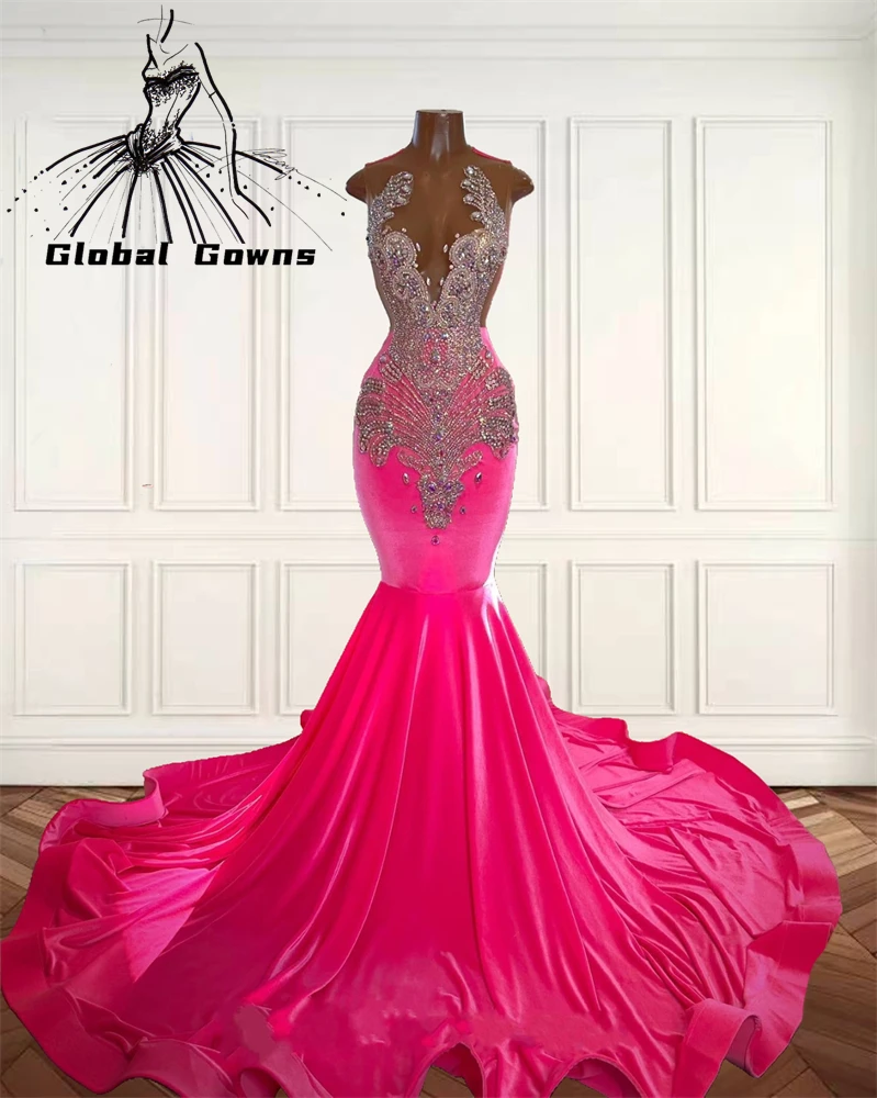 Pink O Neck Long Prom Gowns For Black Girls Beaded Crystal Diamond Birthday Party Dresses Sequined Evening Dress Robe De Bal