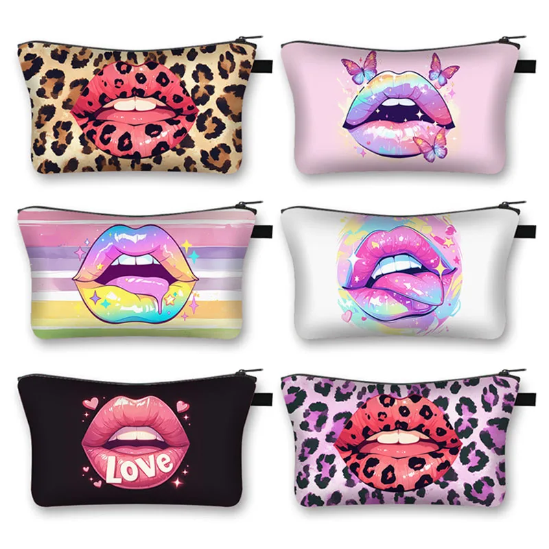 Sexy Leopard Lips Cosmetic Cases Rainbow Lips Print Women Makeup Bag Lipstick Holder Small Zipper Pouch Toiletry Wash Bag Gift