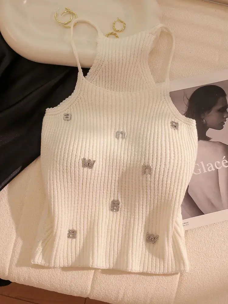 

Y2K Streetwear White Knit Halter Top Rhinestone Letter Ribbed Slim Fit Spaghetti Strap Cropped Casual Daily Wear