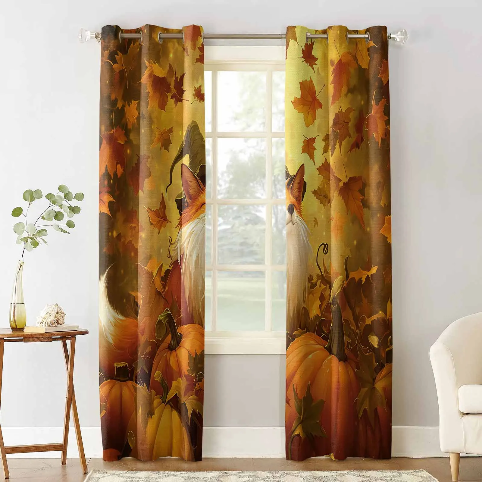 Fall Pumpkin Fox Curtains for Living Room Window Decoration Curtains in Home Kitchen Luxury Bedroom Drapes