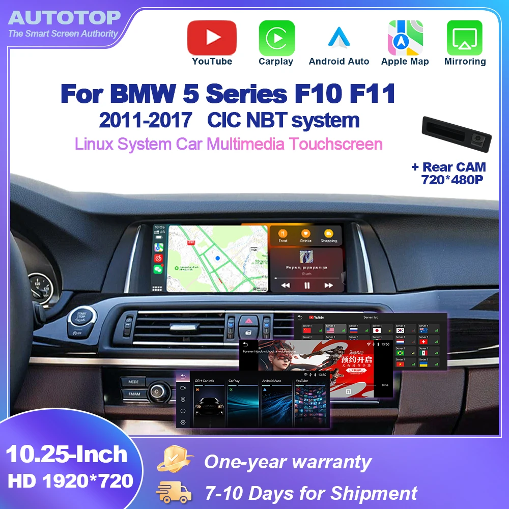 AUTOTOP Lettore Multimediale per Auto da 10.25 Pollici con YouTube per BMW Serie 5 F10 F11 2011-2017 Sistema CIC NBT, CarPlay Wireless Android Auto BT