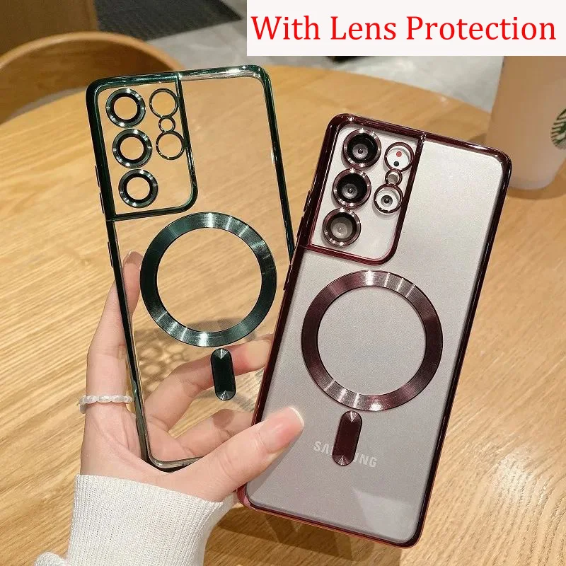 Luxus Transparente Beschichtung Für Magsafe Fall Für Samsung Galaxy S22 S23 S21 Ultra Plus Drahtlose Lade Silikon Klar Abdeckung Fällen