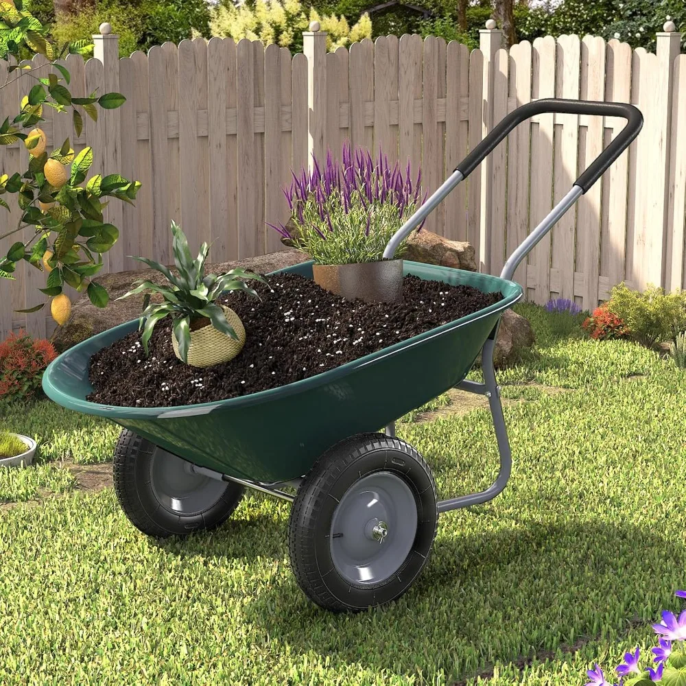 

Enlarged Dual-Wheel Wheelbarrow, Easy Loading and Dumping Garden Cart, Heavy Duty Utility Dump Cart for Lawn, Yard, Farm