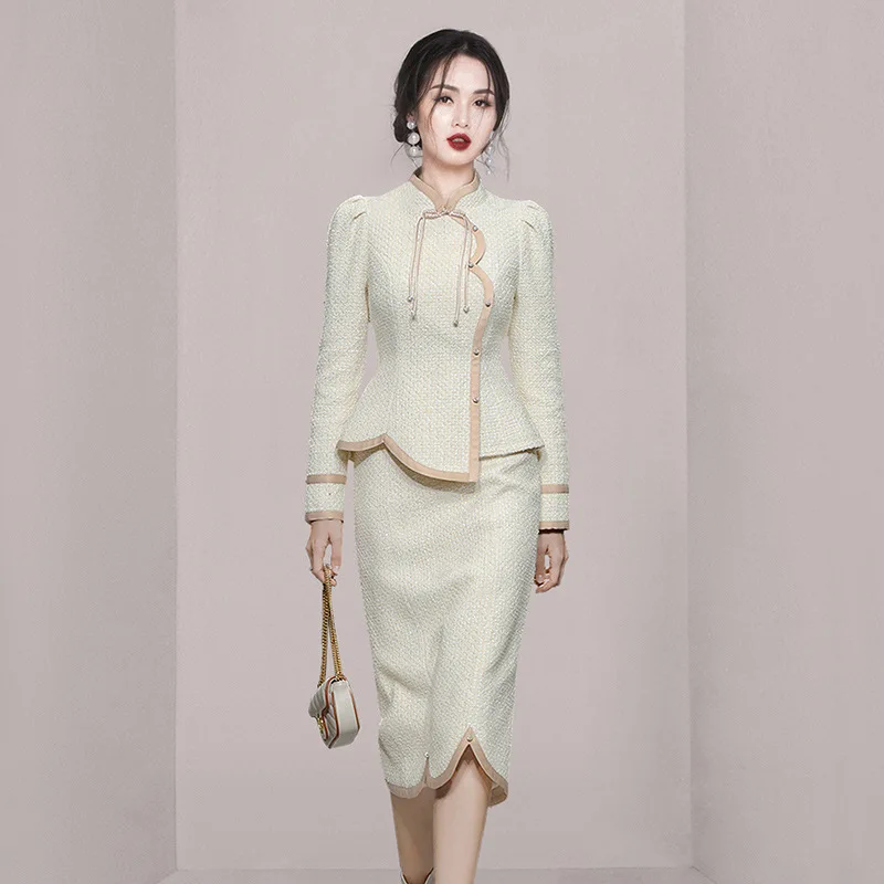 Women's autumn/winter tweed 2pcs set with button up long sleeved jacket and half skirt 2024 small fragrant fashion set