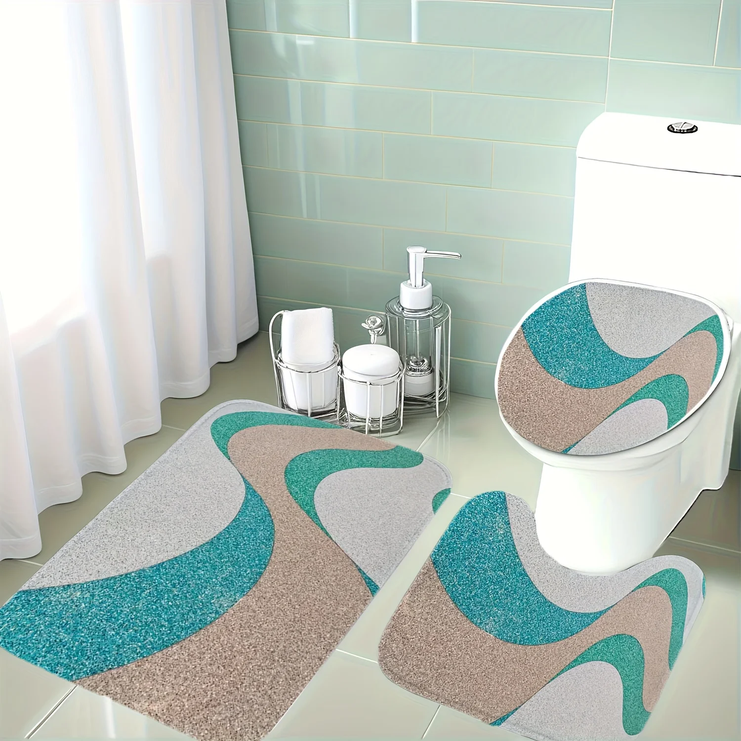 

Christmas Decorations, 3pcs Set with Flowing Curve Design, Blue, Brown & Gray Tone Pattern Bathroom Rug Carpet Kit - Toilet Lid