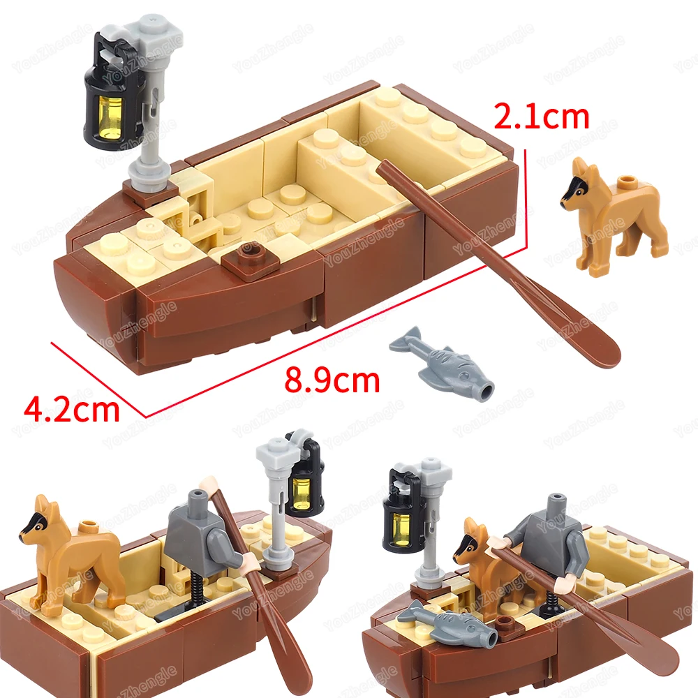 Bloc de construction de bateau en bois à rame unique, figurines MOC, lanterne de pêche pour chien de compagnie, équipement de scène assortie, modèle de lieu, jouet cadeau