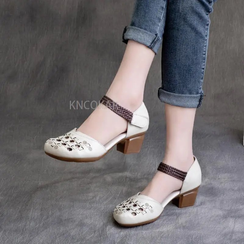 2023 Spring/Summer New Ethnic Style Retro Cowhide Knitted Hollow Thick Heels Women\'s Shoes Thick Heels