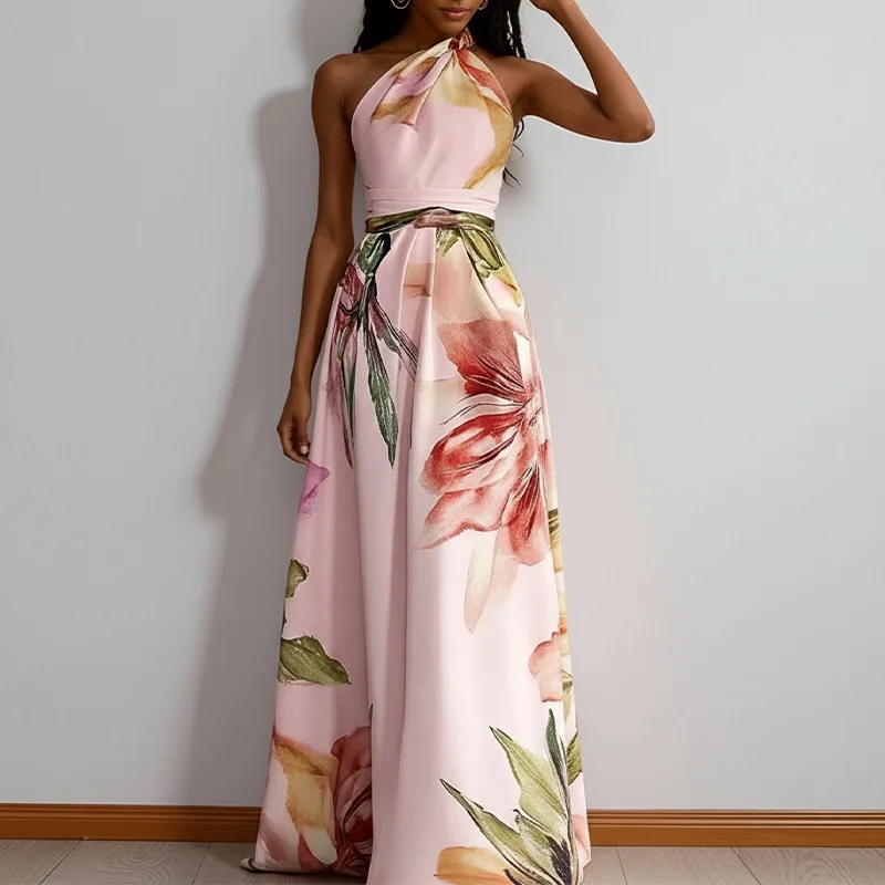 

2026 Summer New Women Elegant Casual Loose Plant Print Long Dress Soft Light Breathable Chic Daily Casual Beach Outdoor Holiday