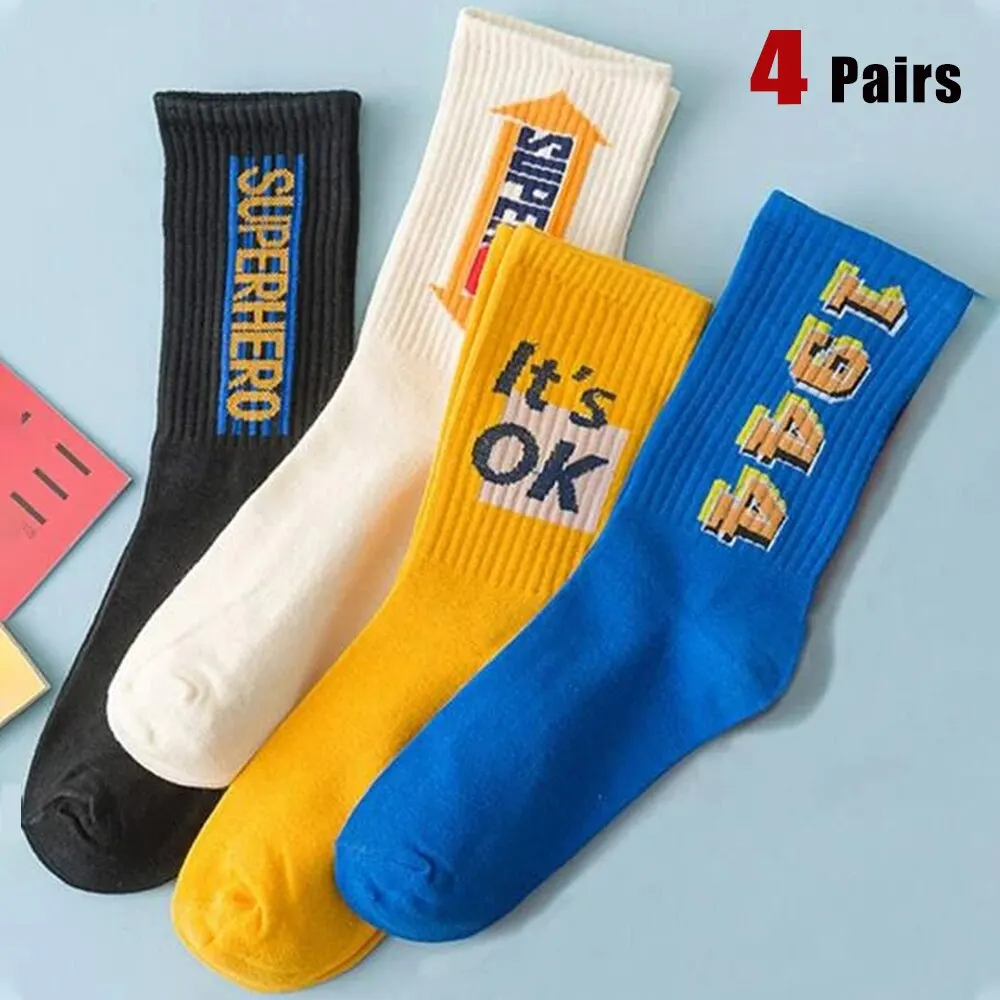 4 Pairs Fashionable Mid Length Socks Men\'s and Women\'s With Harajuku Creative Sports Street Hip-hop Skateboard Basketball Socks