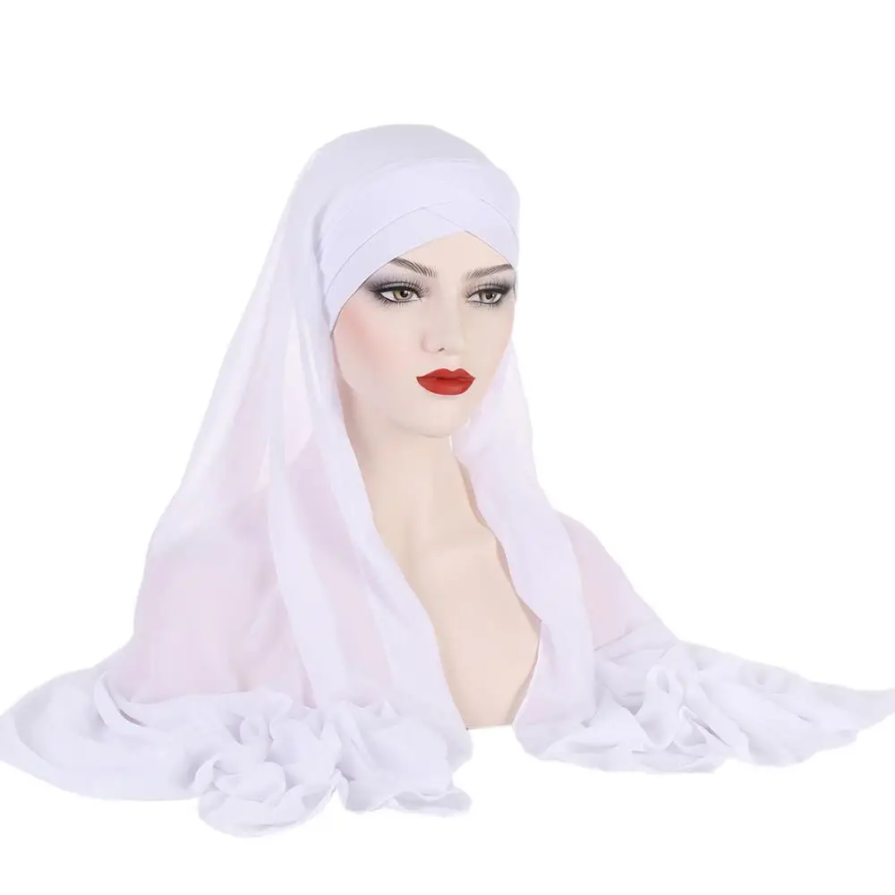 Conjunto de hijab chiffon para mulheres, lenço sólido com chapéu interno, respirável, azul, café, branco, moda, primavera e outono