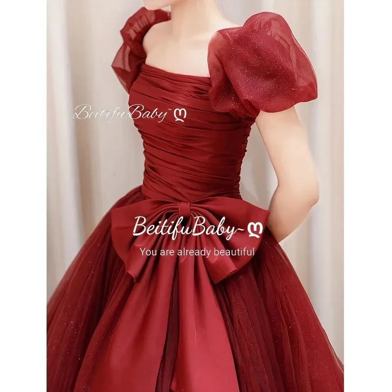 BeitifuBaby Princess Style Evening Dress Square Neck Bubble Short-sleeved Bow Decoration Banquet Gown Party Dresses for Women