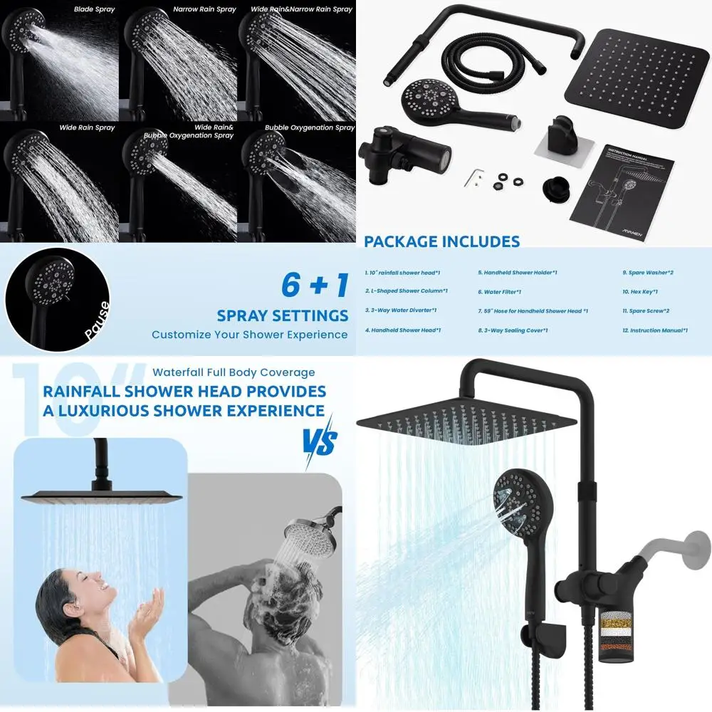 

10 Двойная душевая система с 3-сторонней дождевой системой и 7-позиционным портативным устройством, высоким давлением и регулируемой высотой (черный)