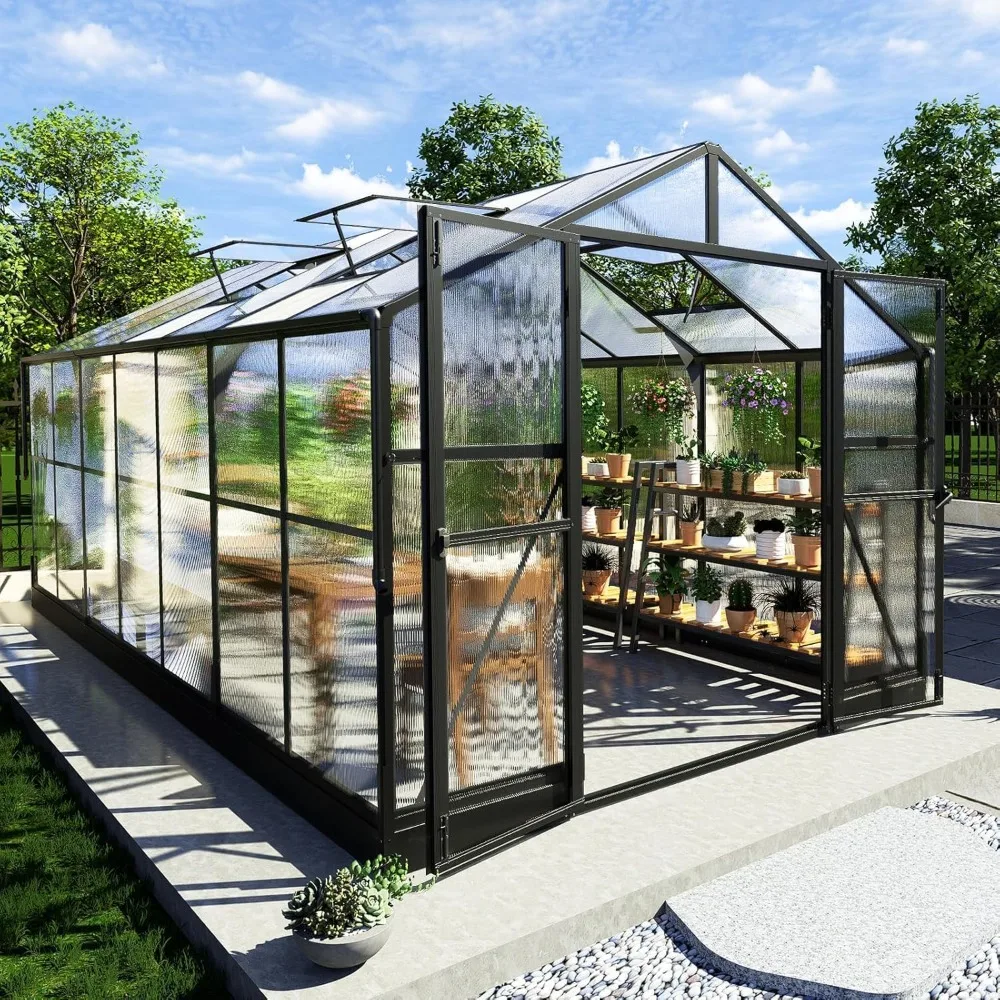 Polycarbonate Greenhouse, Walk in Green House with Quick-Connect System, 4 Vent Windows and Swing Door, Outdoors Greenhouses