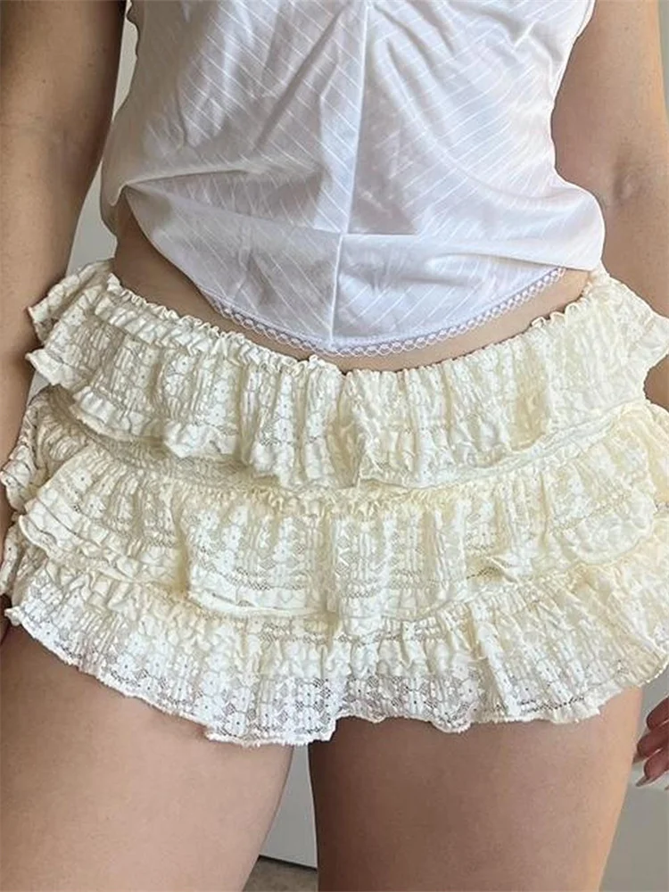 CHRONSTYLE Women Shorts Lace Multi-Layer Ruffles Elastic Low Waist Shorts Summer Slim Solid Color Club Casual Bottoms Streetwear