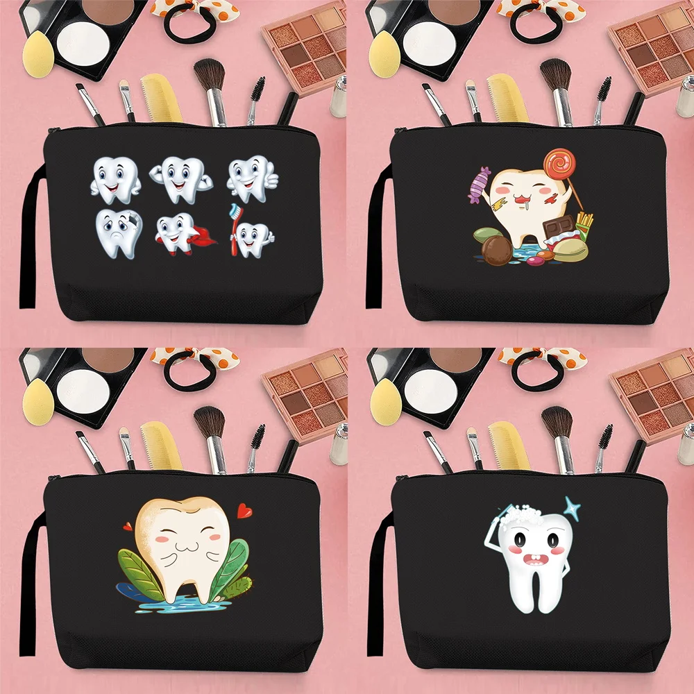 

2026 Woman Makeup Outdoor Travel Washing Storage Bag Canvas Place Teeth Pattern Printing Portable Key Black Handbag Pen Case