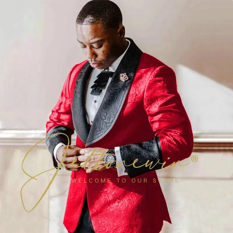 Elegant Men\'s Suit Wedding Groom Tuxedo 2 Pieces Burgundy Jacquard Jacket Pants Formal Male Party Dress Groomsmen Customized