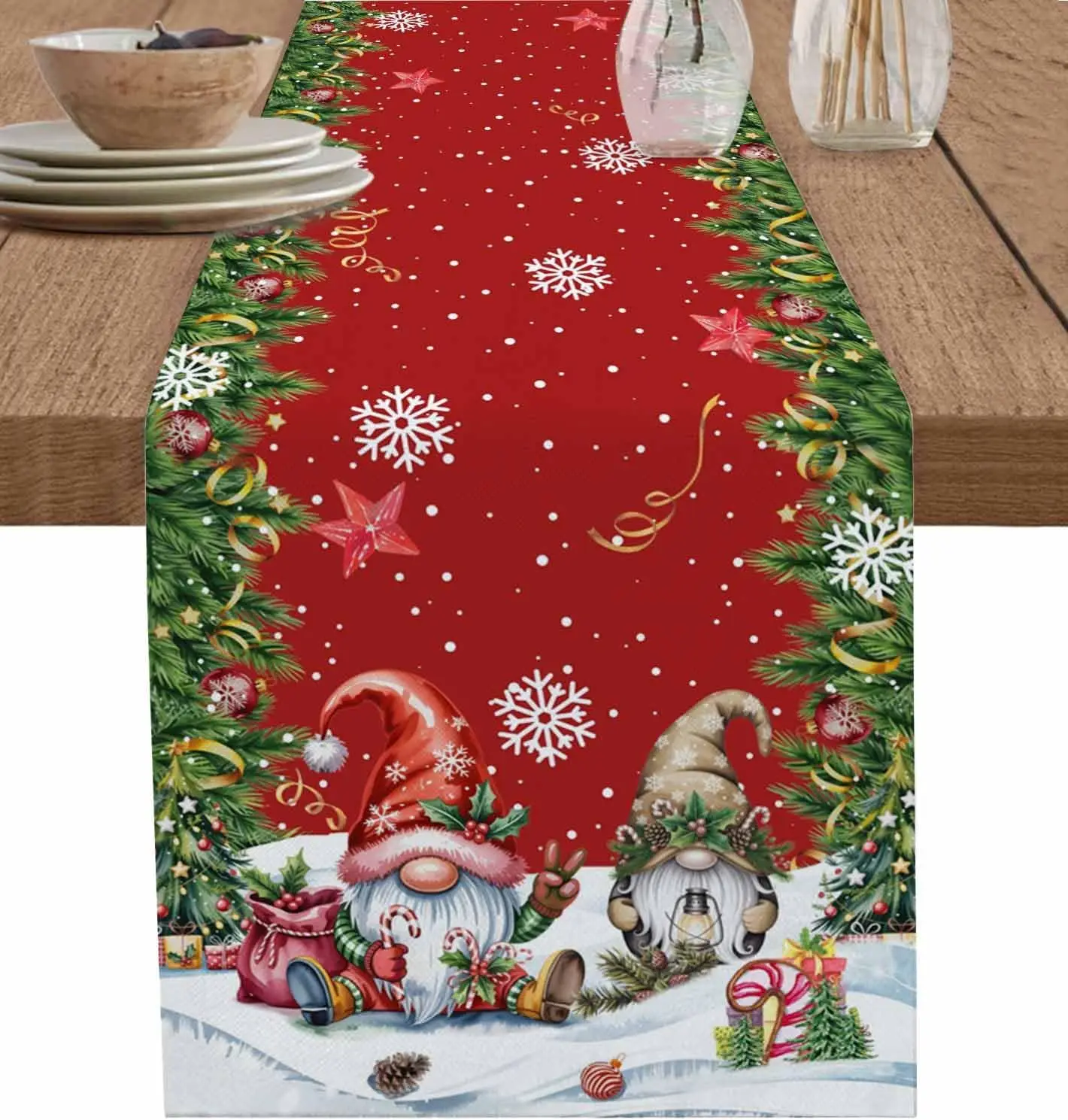 Christmas Tree Gnome Linen Table Runner Holiday Party Decorations Washable Kitchen Dining Table Runners Navidad Decorations