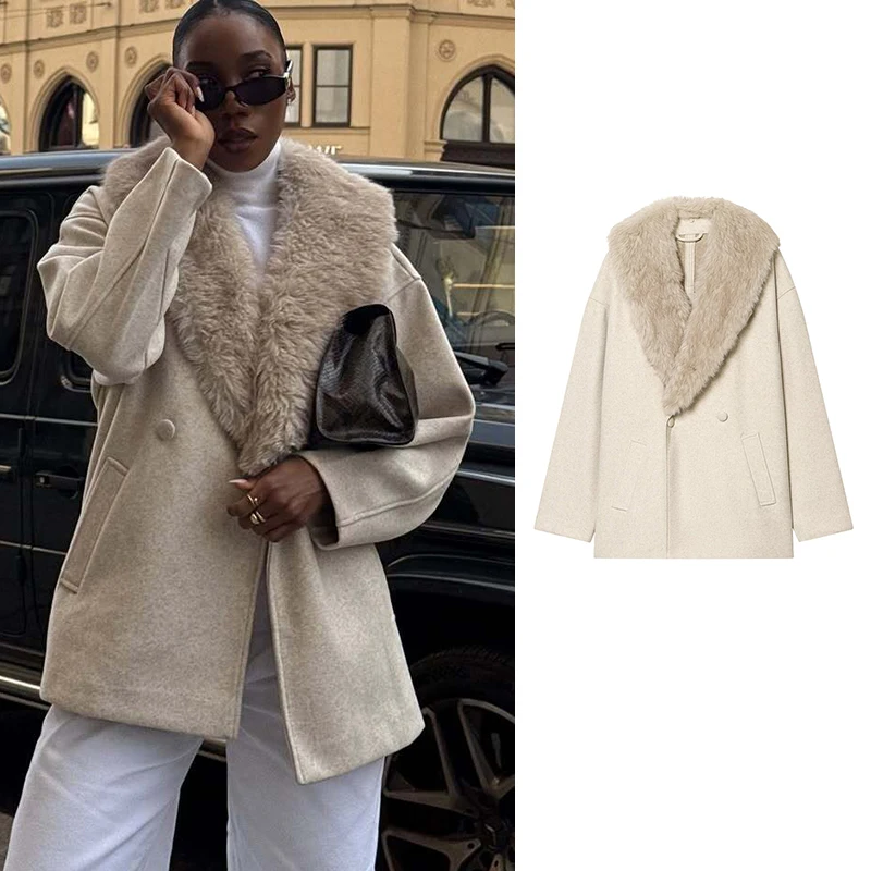 Mulheres jaqueta de lã 2025 outono inverno gola de pele manga longa casaco feminino cinto solto feminino casual outerwear retro senhora topos