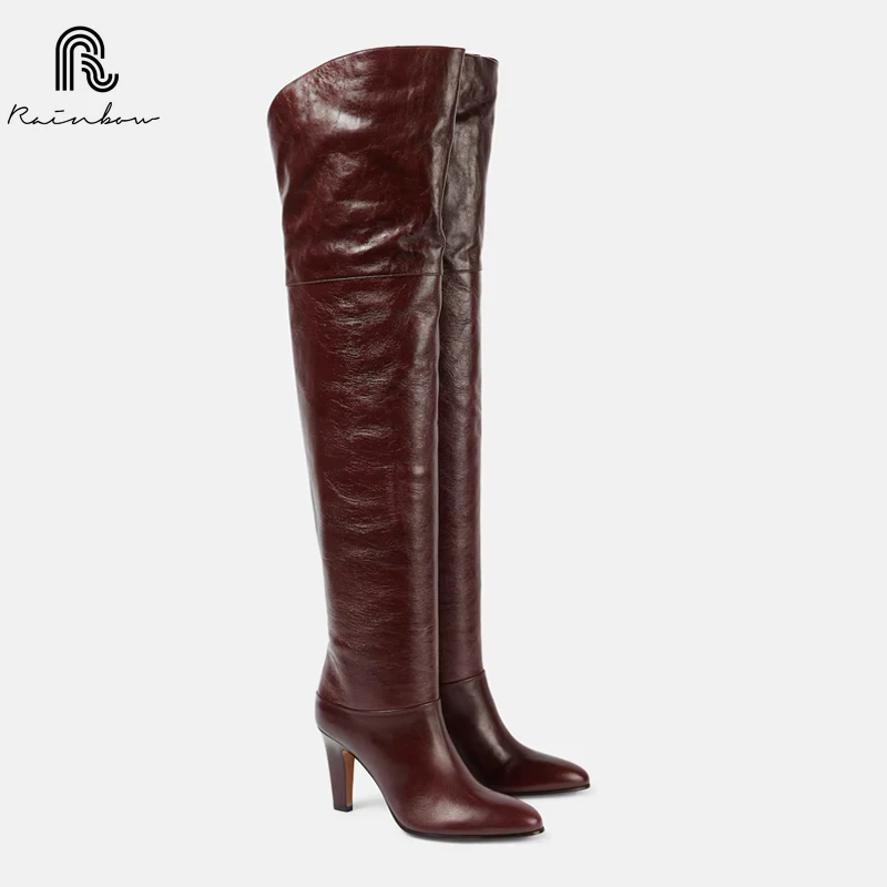 RAINBOW 33–46 Rindsleder über dem Knie, hohe Stiefel für Damen, echtes Leder, High Heels, Schuhe, Winter 2022, schlanke, lange Rittermode