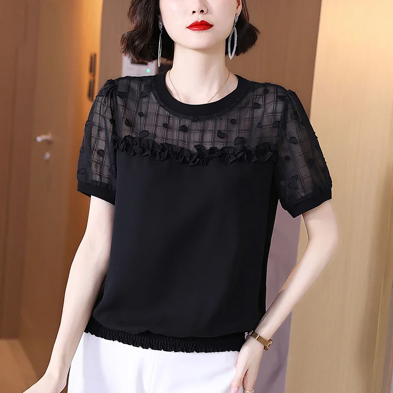 Elegant O-Neck Spliced Loose Shirring Ruffles Blouse Women\'s Clothing 2023 Summer New Casual Pullovers Office Lady Chiffon Shirt