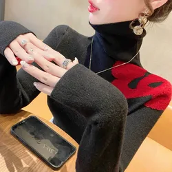 Autumn Winter Elegant Chic All-match Knit Pullovers Women Clothing Casual Turtleneck Long Sleeve Slim Sweaters Office Lady Tops