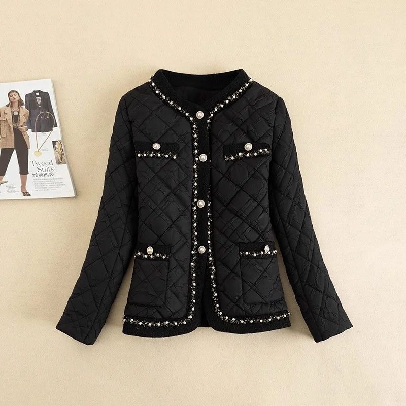 

Single Breasted Coat Autumn And Winter Nail Bead Round Neck Down Cotton Jacket Women's Short Style Outerwear w1712