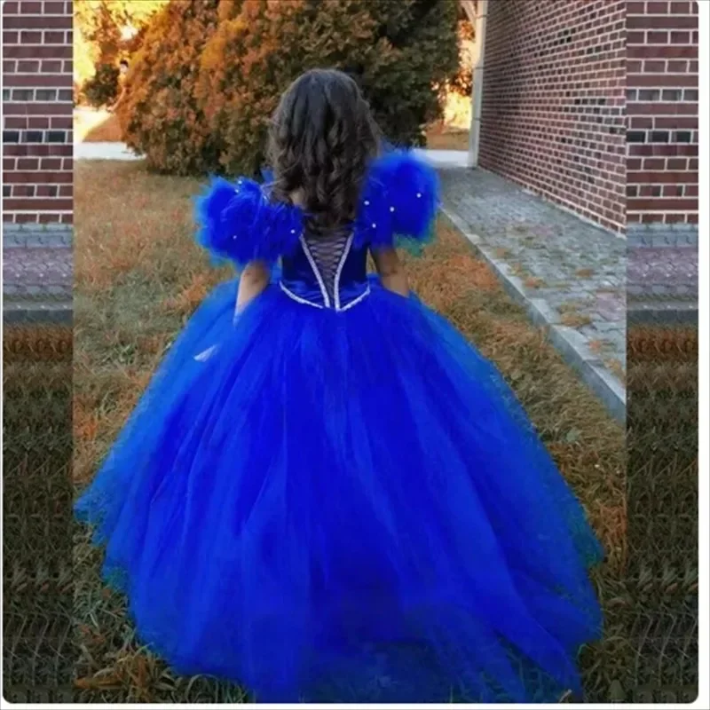 Royal Blue Flower Girl Dress Princess a-line con perline maniche a sbuffo bambino bambina matrimonio festa di compleanno Prom Holiday Dress