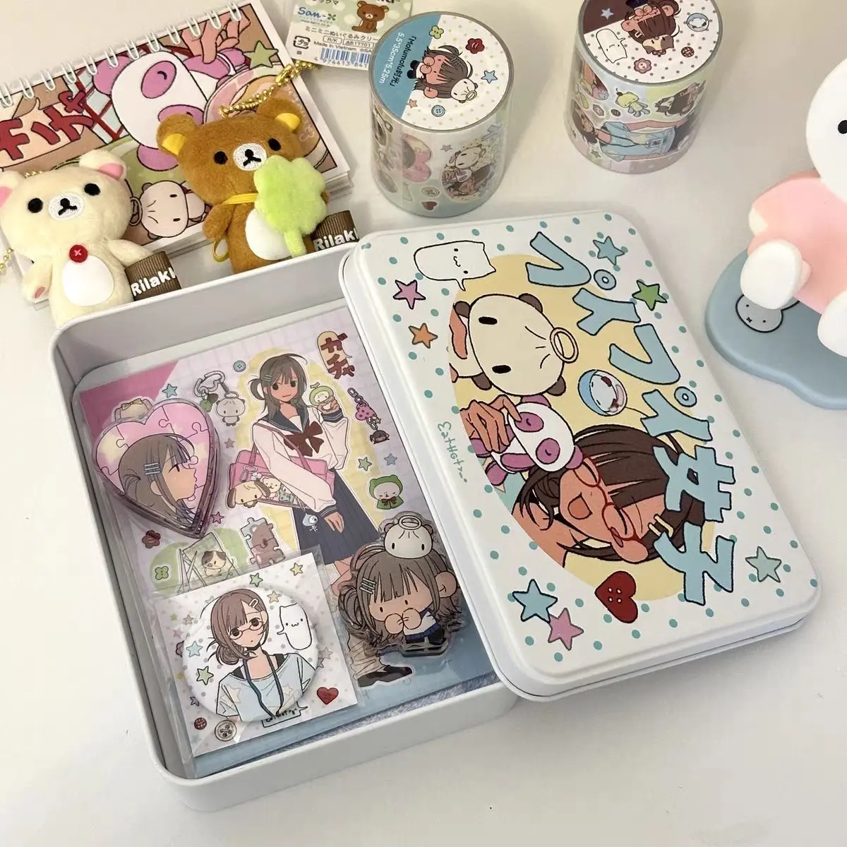 Cartoon Metal Storage Box Ins Tin Box With Lid Stationery Photo Card Sticker Desktop Organizer Case Handmade Journal Supplies