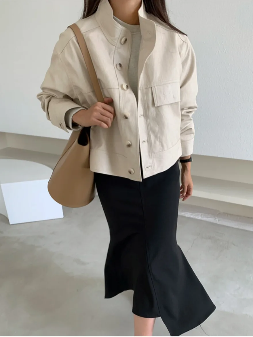 Chic Simple Autumn Long Sve Stand Collar Single Button Loose Casual Biker Jaet Outerwear Versatile Open Cardigan Leather...