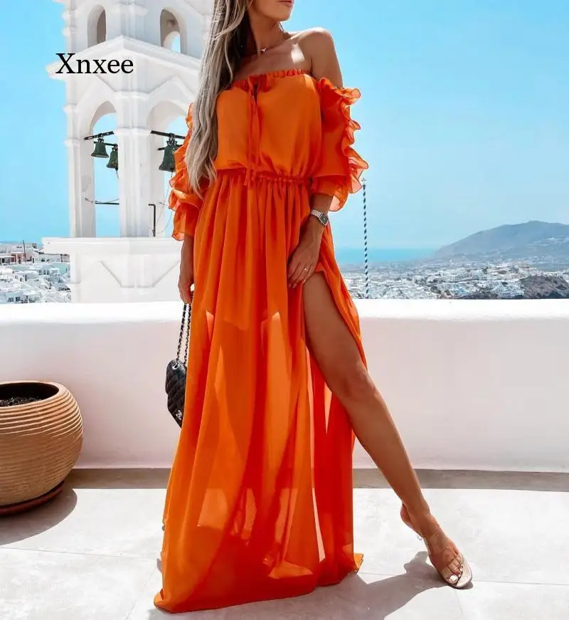 Summer Fashion Ladies Slash Neck Slash and Floor Length Ruffle Maxi Dress Lace Up Casual Beach Solid Style Dress