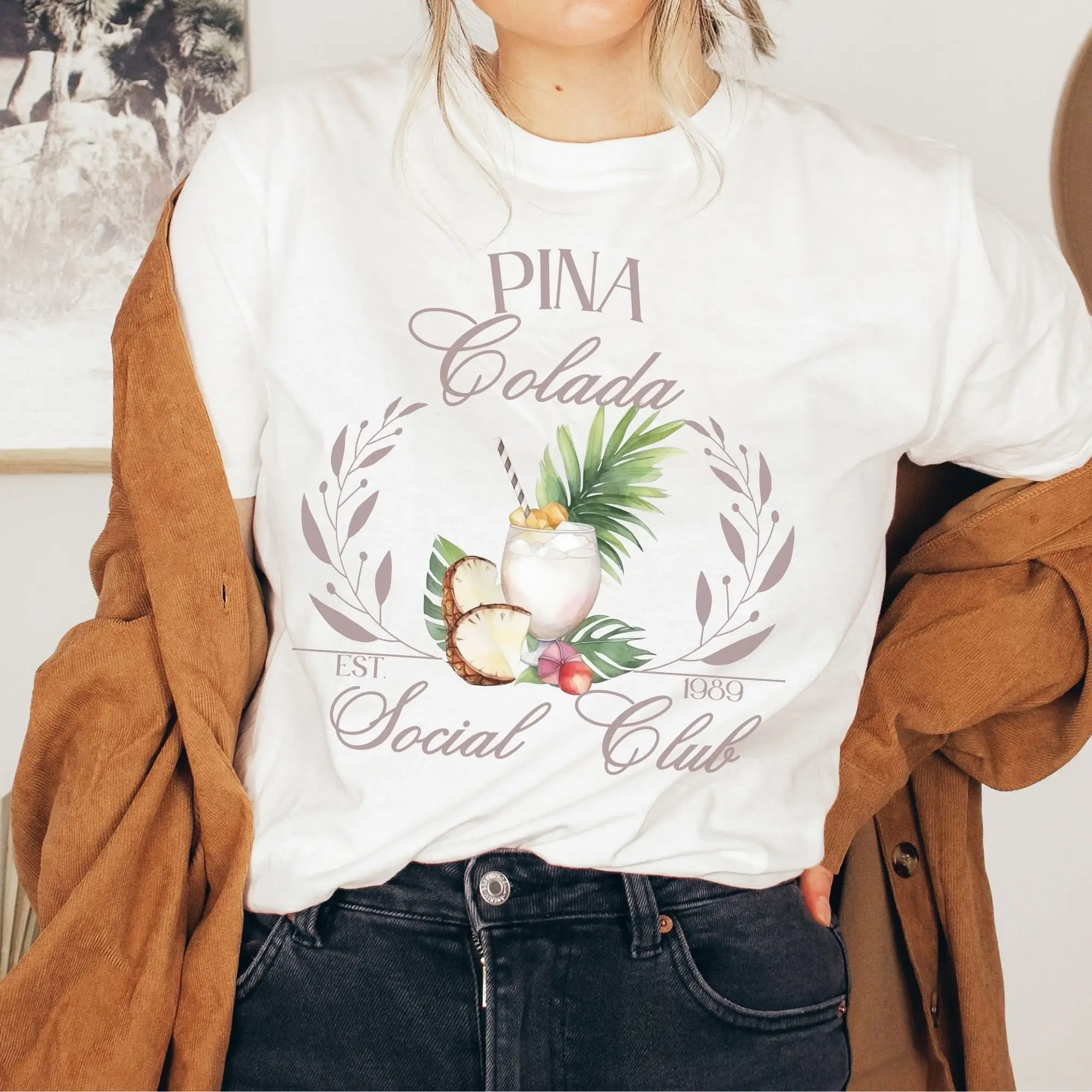 Minimalist Pina Colada Social Club T Shirt Cocktail Carnival Retro Simple Drinker Cool Bartender Top