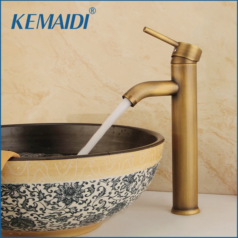 

KEMAIDI Antique Brass Vessel Sink Faucet Bathroom Single Handle Lavatory Vanity Hot Cold Water Mixer Tap Deck Mounted