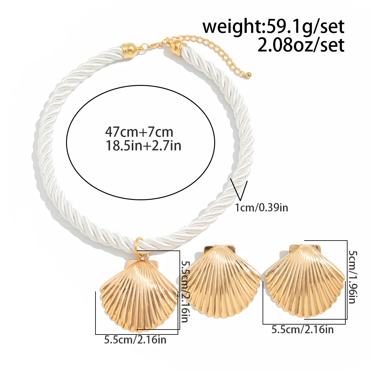 KunJoe Trendy Ocean Series Scallop Pendant Necklace Earrings Jewelry Set for Women Adjustable Thick Rope Chain Beach Accessories