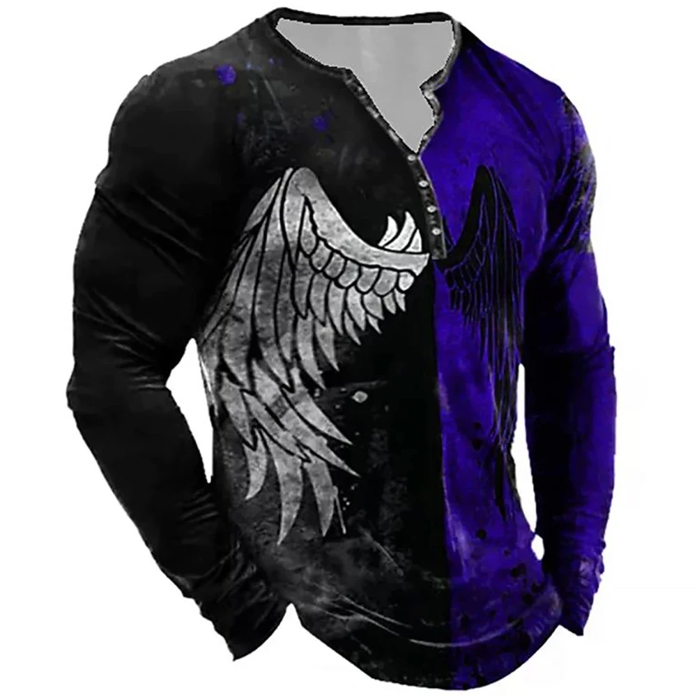 Men\'s Retro 3D Black and White Double Wing Print Casual Long Sleeve Men\'s Loose Oversized V-Neck Comfortable Sweatshirt 4Xl