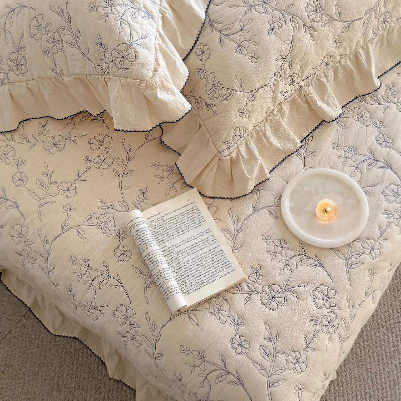 Cotton Linen Blend Quilted Bedspread Set 3PCS, Embroidered French Lace Coverlet, Lightweight Stitched Quilt All Season Bedding