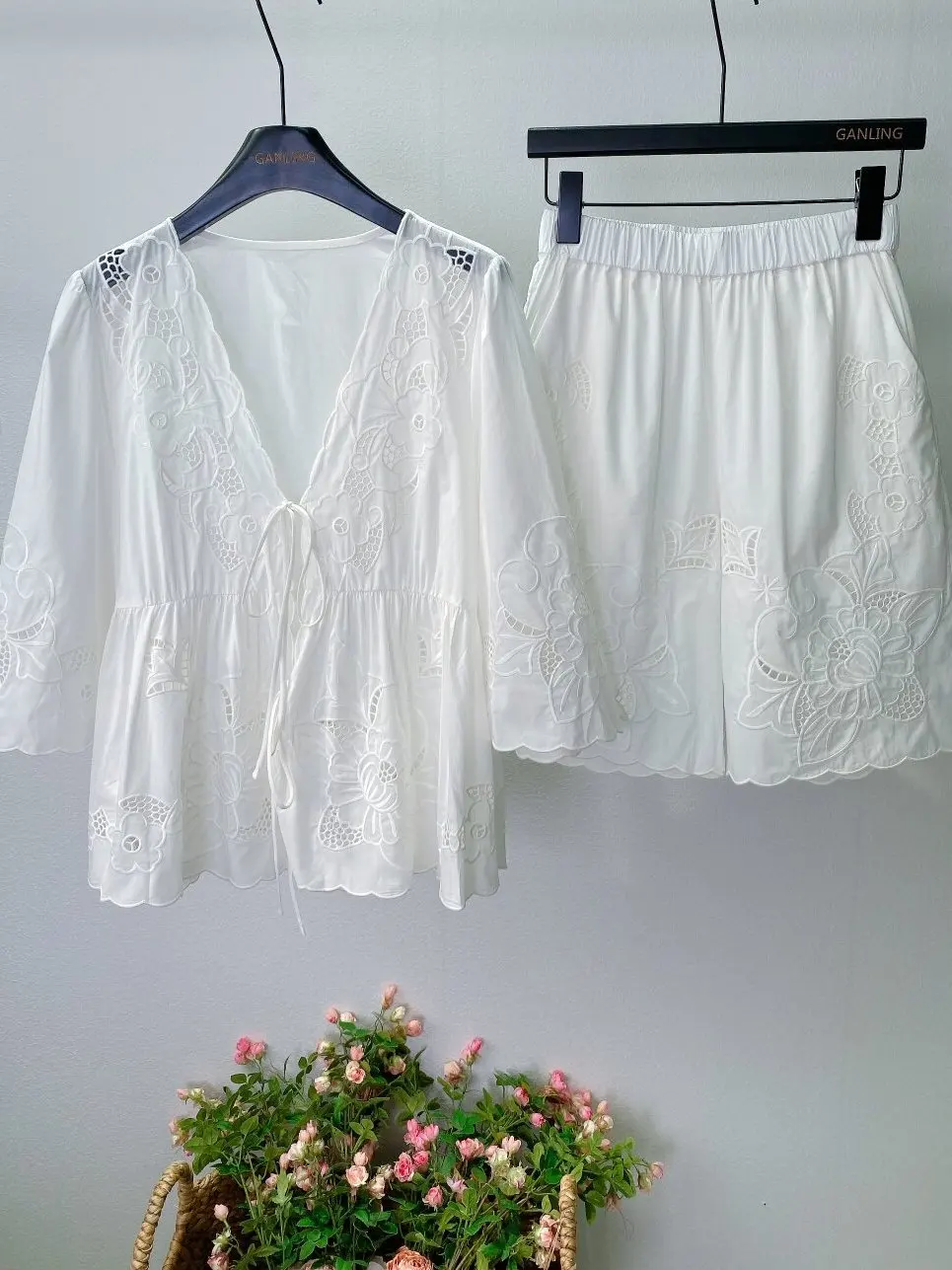 

Ele Embroidered Cotton irt orts Set Women's Spring 2026 French Sle Breathable Seven Sve Knot Design Faionable